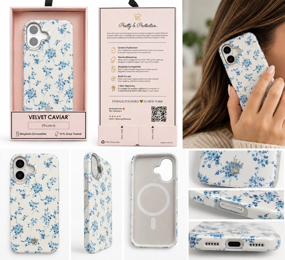 Velvet Caviar iPhone 16 Blue Floral MagSafe Compatible Protective Case